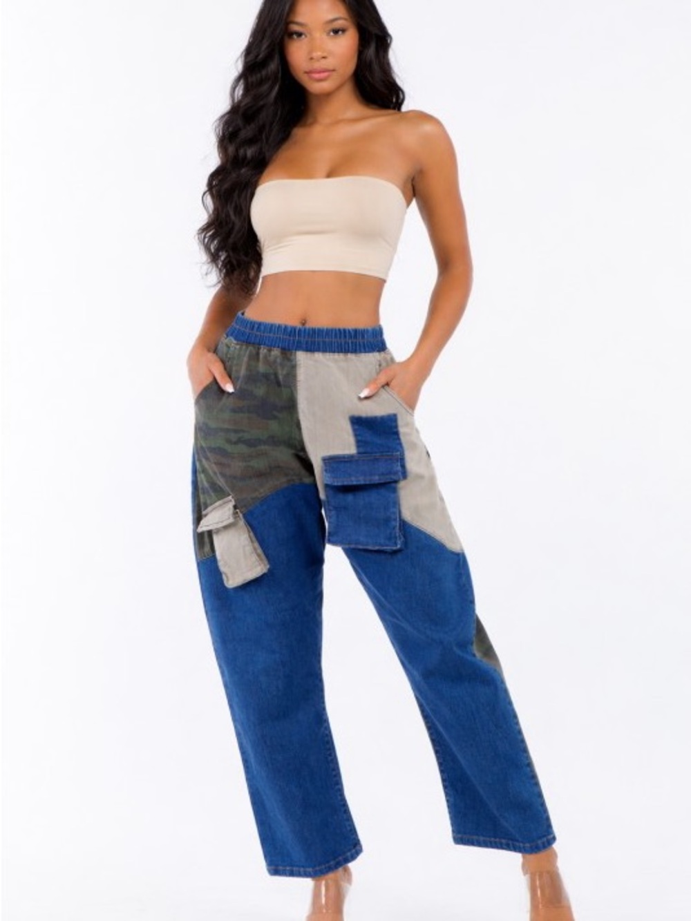 Patchwork Cargo Jeans in Blue, Olive & Beige